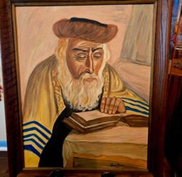 FRAMED OIL PAINTING ON CANVAS RABBI WITH TORAH SIGNED HEBREW JUDAICA 28.5"×34.5"