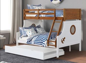 Brand New White & Oak Twin over Full Bunk Bed (Trundle Sold Separately)