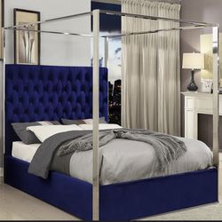 Royal Blue Tufted Queen Bed – Canopy Style (Like New!)