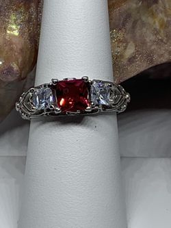 Princess Cut Garnet Type Stone With Carved Hearts On Silver Size 8 For $12