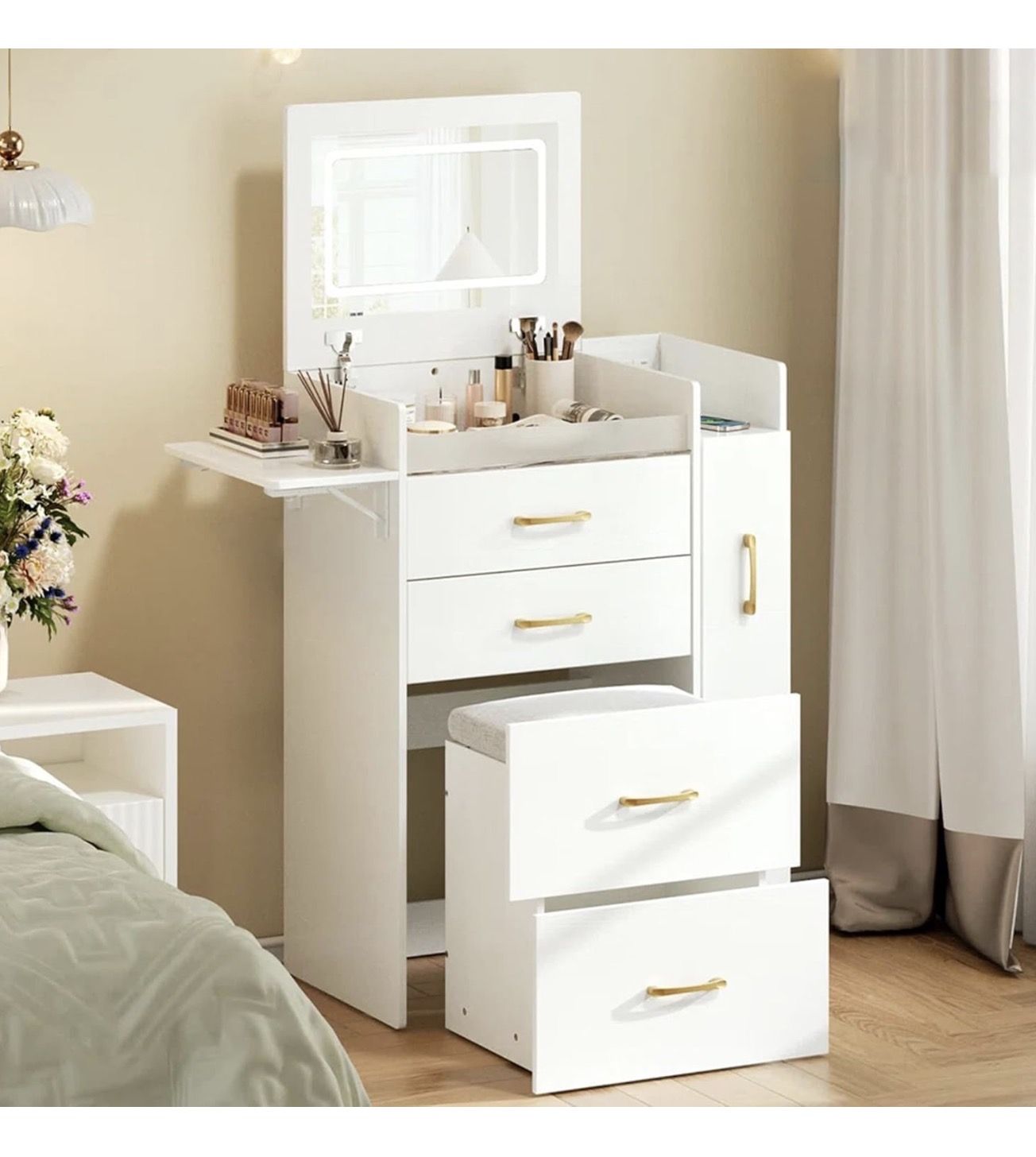 3 in 1 Vanity Desk with Flip Top Mirror, LED Lights, Side Cabinet,Collapsible Desk Panel, Hidden Stool with Storage, Small Makeup Vanity Table with Po