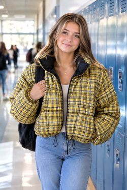 Yellow Plaid Cropped Puffer Jacket