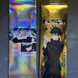 Rare Primitive X Jujutsu Kaisen Gojo And Megumi Skateboard Deck Set (Silvas Holo + Lemos Gold) -8.38” Limited Edition 