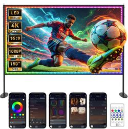 150 inch Projector Screen with Stand, USB String Lights Connection 16:9 4K HD Portable Movie Screen Indoor Outdoor,Wrinkle-Free Foldable Projection Sc