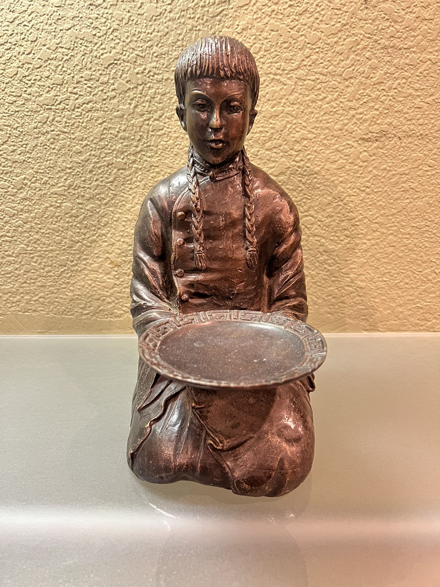 Vintage Bronze Statue Kneeling Boy With Braids Holding Plate