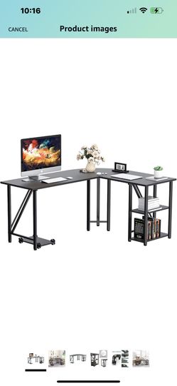 Bizzoelife 59"x55" Large L-Shaped Corner Computer Desk, Modern Home Office PC Laptop Gaming Table with CPU Stand and Bookshelf, Wood & Metal Teens Wri