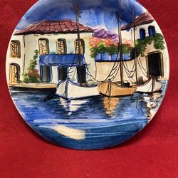 8.25 Inch Handmade Hand Painted Blue Ceramic Wall Hanging Plate Imported From Greece