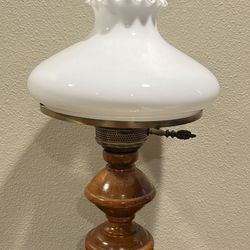 Vintage Antique Brass and Wood Stand White Globe Hurricane Table Lamp