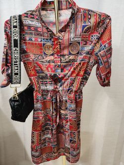 Red Ornamental Print Satin Mini Shirt Dress Size Small