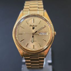 VTG Pulsar V(contact info removed) Fluted Bezel Day Date Gold Tone Sunburst 36mm Watch Runs