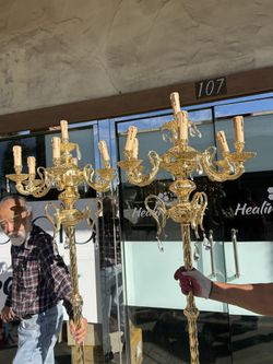Vintage Antique  pair of ornate brass candelabra floor lamps with crystal accent