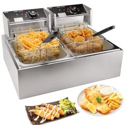 Commercial Deep Fryer with Basket, 3400W 12.7QT/12L, Detachable Large Capacity Stainless Steel Countertop Electric Oil Fryer with Temperature Control 