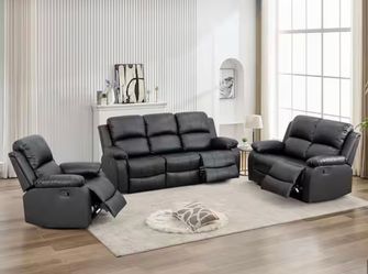 Black leather fully reclining three piece couch set