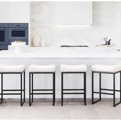 LUE BONA four Bar Stools with Height of  24" Counter and Seat, Modern Synthetic Leather, for  Kitchen, White color