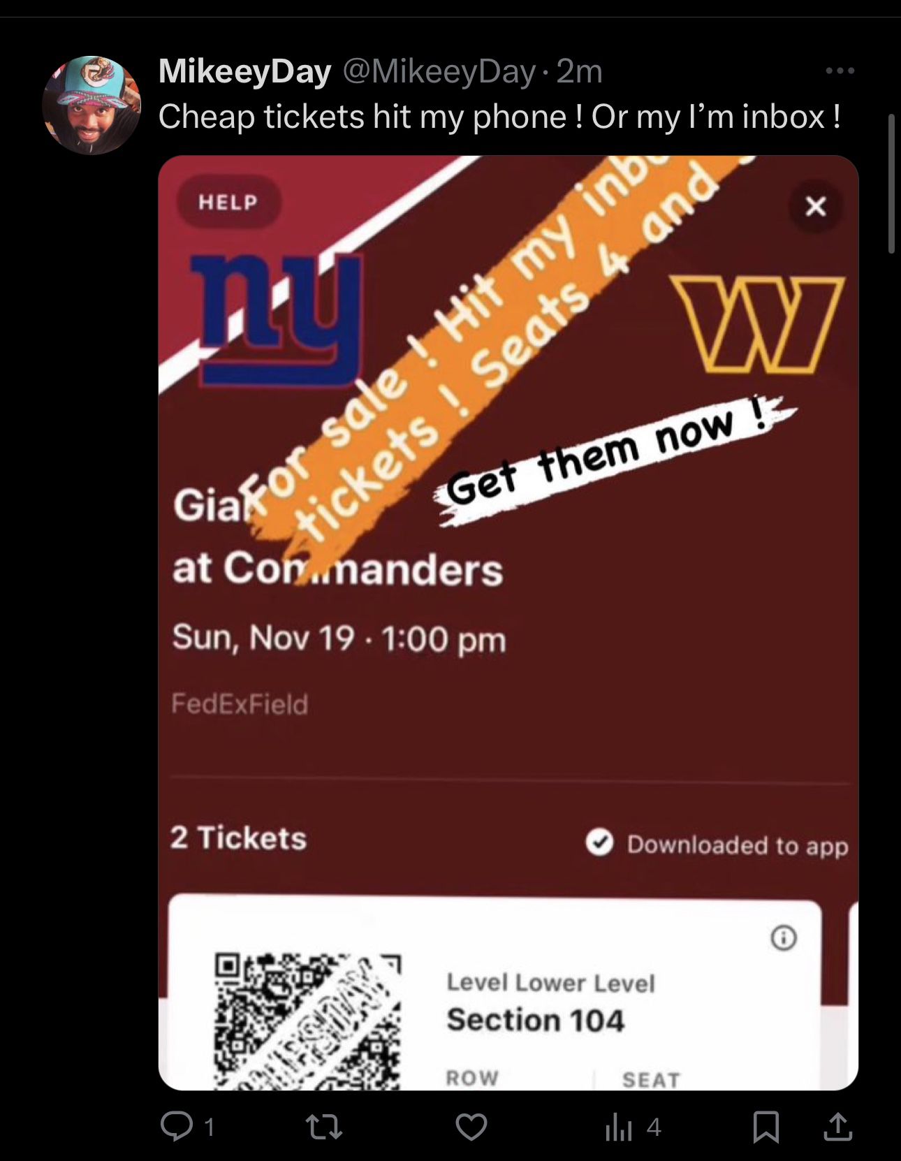 Commanders  Vs Giants Tickets 11/19/2023 ( Redskins )