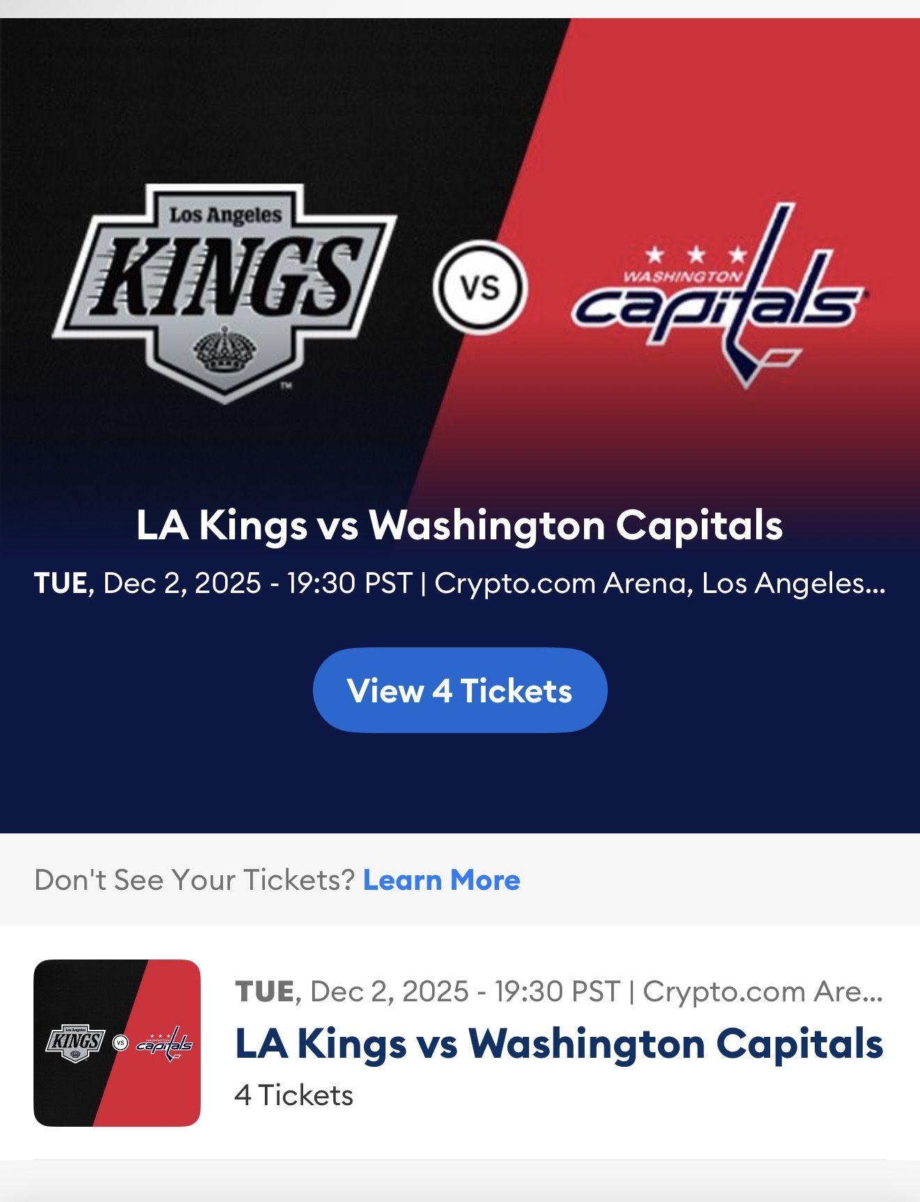 4 Hockey Tickets Los Angeles Kings vs. Washington Capitals 