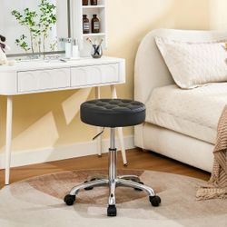 FIRAVOE Rolling Stools with Wheels (300lbs Capacity) (Adjustable Height 20"-27") Black Leather Tattoo Vanity Massage Stool (Black)