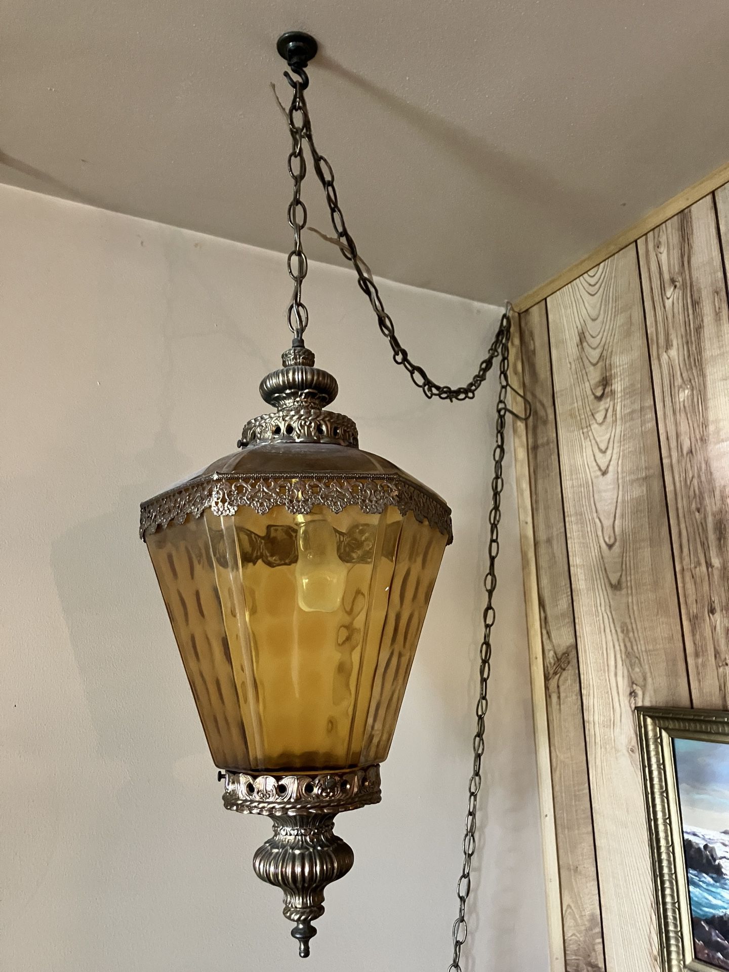 Antique Vintage Rare 60’s Amber Glass Hanging Lamp Light