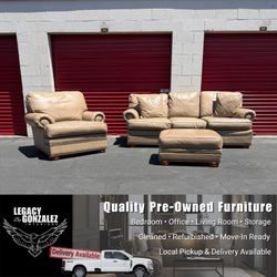 Traditional Leather 3-Piece Sofa, Armchair, and Ottoman Set
