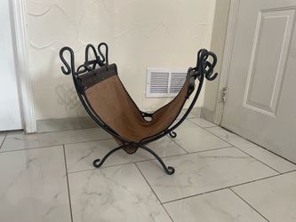 Decorative Wrought Iron Log Holder with Faux Leather Sling