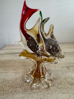 Murano Style Art Glass Double Fish Sculpture - Vintage Italian Aventurine Figurine