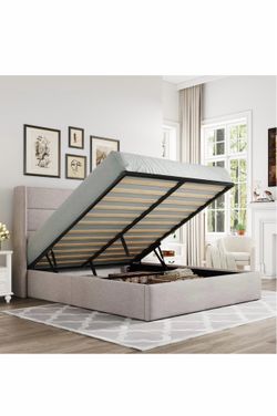 Allewie Full Size Lift-Up Storage Bed – Light Beige