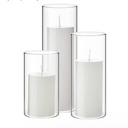  Set of 3 Pillar Candles and 3 Glass Cylinder Candle Vases Holders Clear Pillar Jars for Wedding Centerpieces(2.6'' X 4.7'', 5.9'', 7.9'',Whit