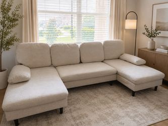 U-Shaped 6 Seat Sofa Couch for Living Room, Linen Fabric Sofa Bed with Removable Pillows