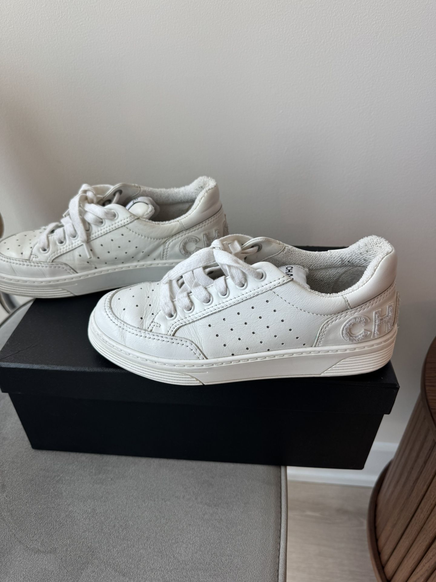 White Chanel Sneakers With Embroidered Logo