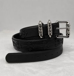 Black Leather Belt with Cross Embossing