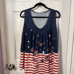 Women’s Size 3X SleevelessTop.  Color Red, White and Blue with stars, butterflies and stripes.  Made of 95% Polyester and 5% Spandex.  Brand new never