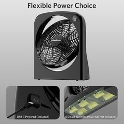 Brand New 10" Desk Fan, Battery & USB-C Powered, 2 Cooling Speeds Table Fan With 90° Adjustable Tilt, 388ft³/Min Powerful Airflow, Portable Desktop Fa