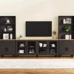 Qualler Black Farmhouse TV Stand Fits TV's up to 70 in. with Bookshelves and Tempered Glass Doors