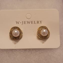 Gold CZ and Pearl Earrings 