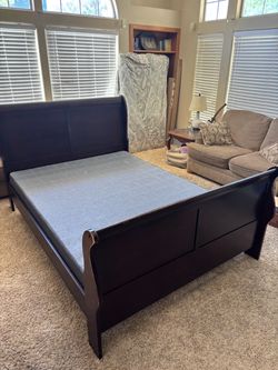 Dark Wood Sleigh Bed Frame with Box Spring