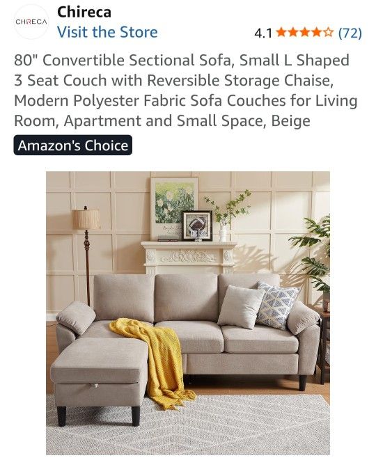 Beige Small L-shaped 3-seat Couch with Reversible Storage Chaise