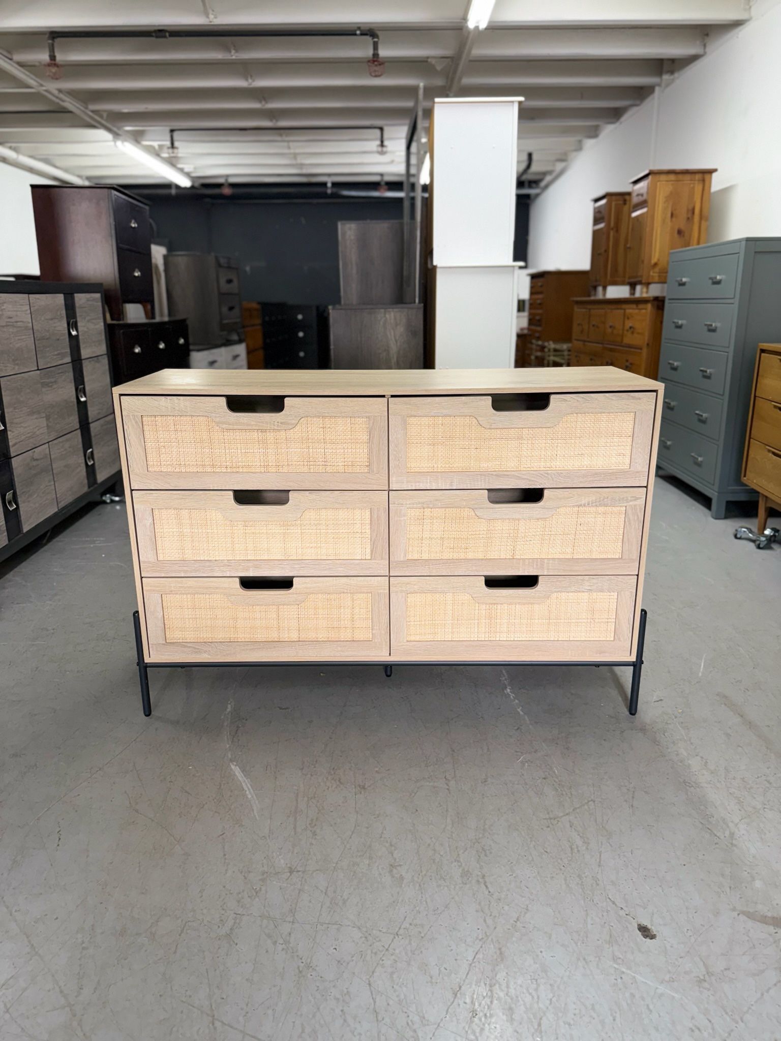 Light Wood Rattan 6 Drawer Dresser