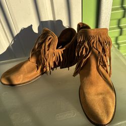 ZARA Women's Brown Faux Suede Fringe Ankle Boots, Size 9, Square Toe, 2" Heel