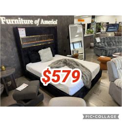 Black Contemporary Queen Size Bed Frame // No Heater on Fireplace - Flame Box Display Only