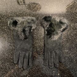 Black Suede Leather Gloves with RabbitFur Cuff Size Large 