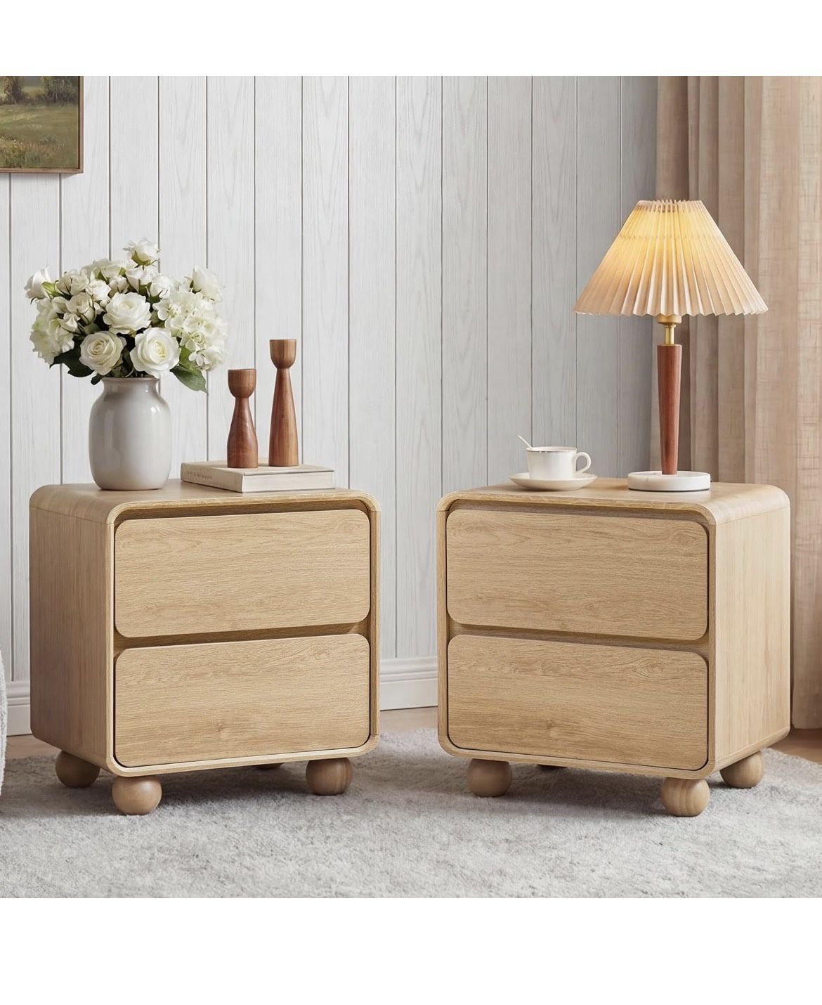 Small Night Stand Set of 2, Mid Century Modern Nightstands with 2 Drawers and Solid Wood Legs, 2 Drawer Dresser Curved Profile Design End Table Side T