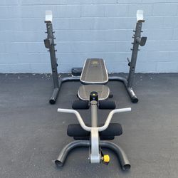 Golds Gym  XRS 20 Adjustable Olympic Workout Bench with Squat Rack, Leg Extension, Preacher Curl, and Weight Storage…. Home Gym Fitness…. $125 Price i