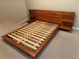 CB2 Andes Acacia Wood Platform Queen Bed Frame With Nightstands