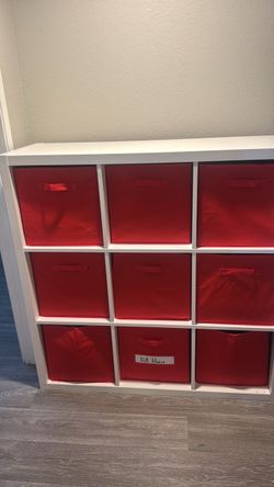White 9-Cube Storage Shelf with Red Fabric Bins