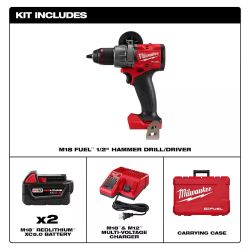 Milwaukee 2904-22 M18 FUEL 18V Lithium-Ion Brushless Cordless 1/2 in. Hammer Drill Driver Kit with Two 5.0 Ah Batteries and Hard Case