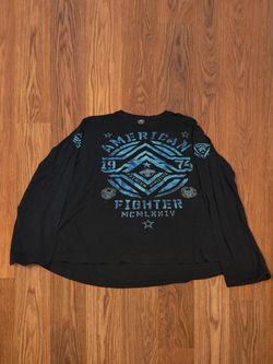 Y2K American Fighter Long Sleeve Shirt Size XL Black Blue Graphic Streetwear
