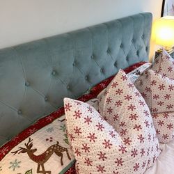 King Sized Bed In Light Teal Velvet