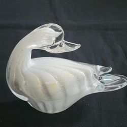 Gorgeous Murano Glass Duck! Vtg White , Silver(glitter) & Yellow  6"X8" Heavy