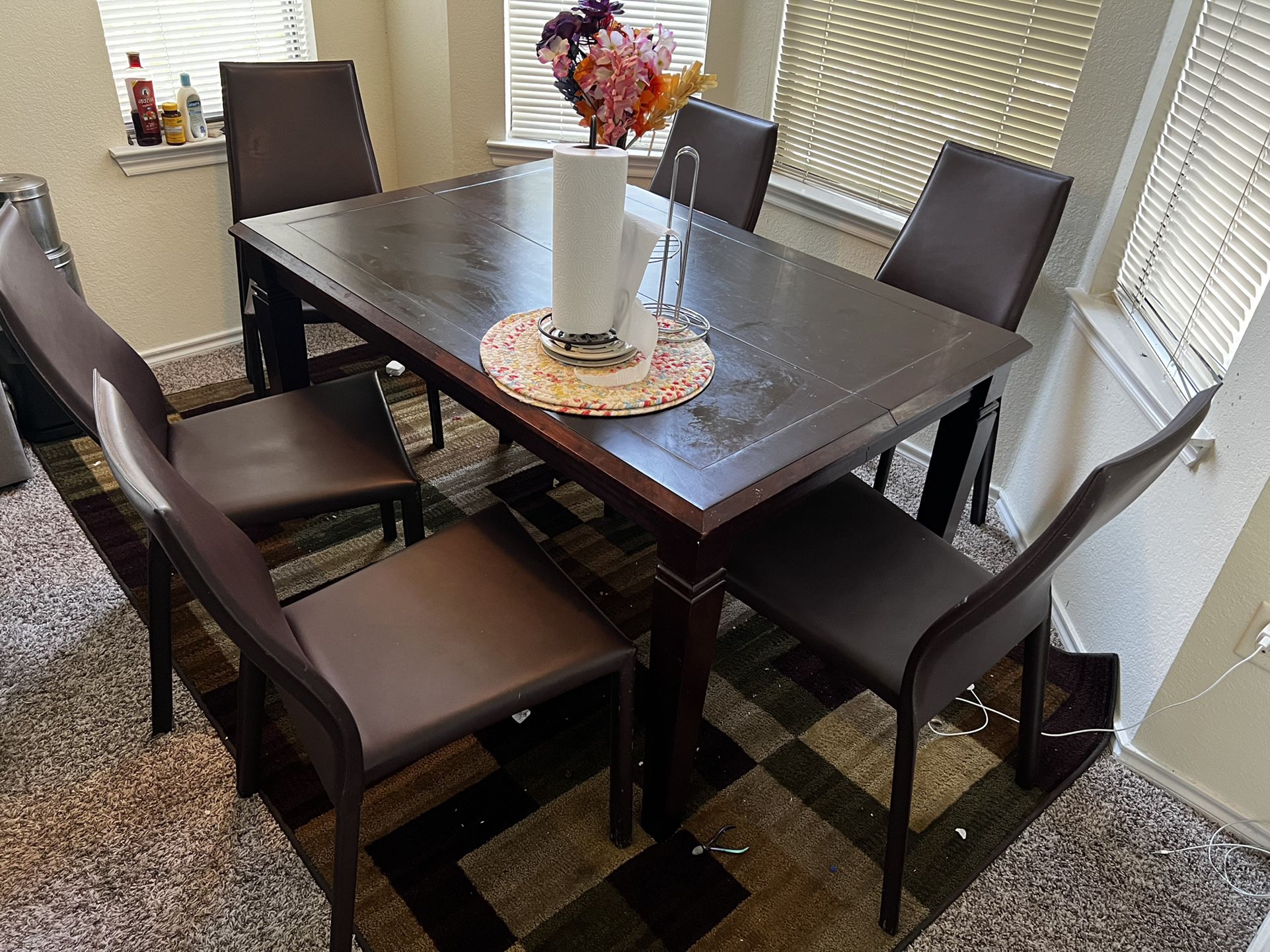 Stretchable Strong Wooden Dining Table With 6 Genuine Leather Chairs
