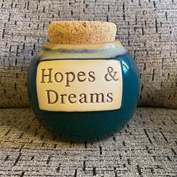 Hopes & Dreams Money Jar 4.5”x3” Tumbleweed Pottery Blue Green EUC
